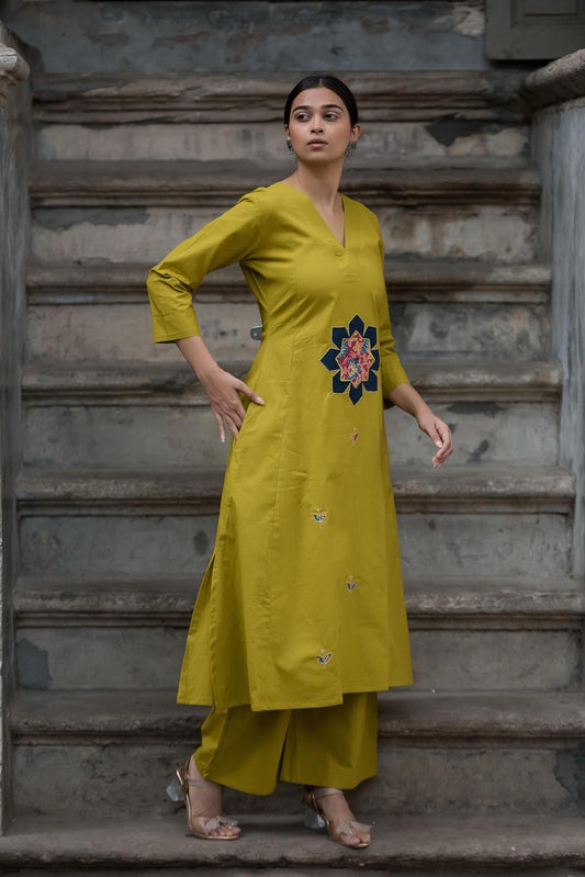 Mustred green cotton silk with ajrakh patch work two piece set (P1880)