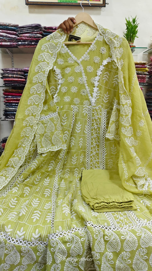 Mint green pure chikankari three piece set (A1075)