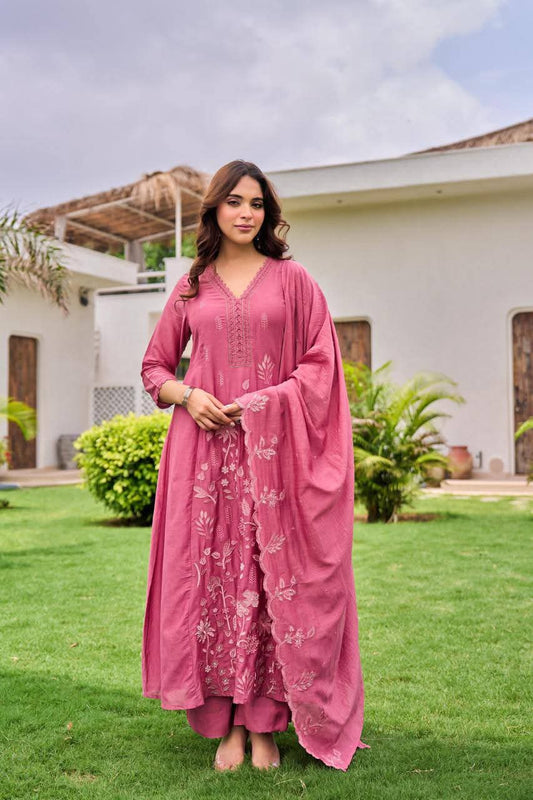 Pink pure mul chanderi fully thread work three piece set (A672)