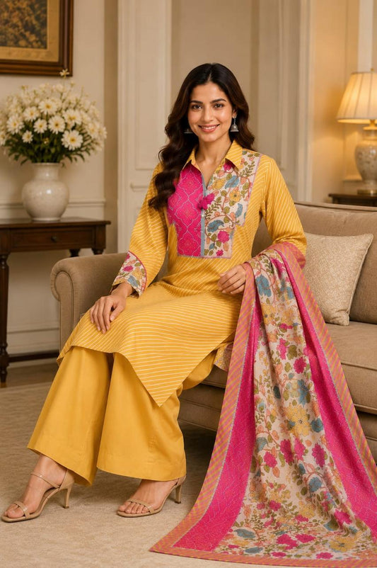 Pure muslin with kalamkari dupatta and potli too three piece set (C251)