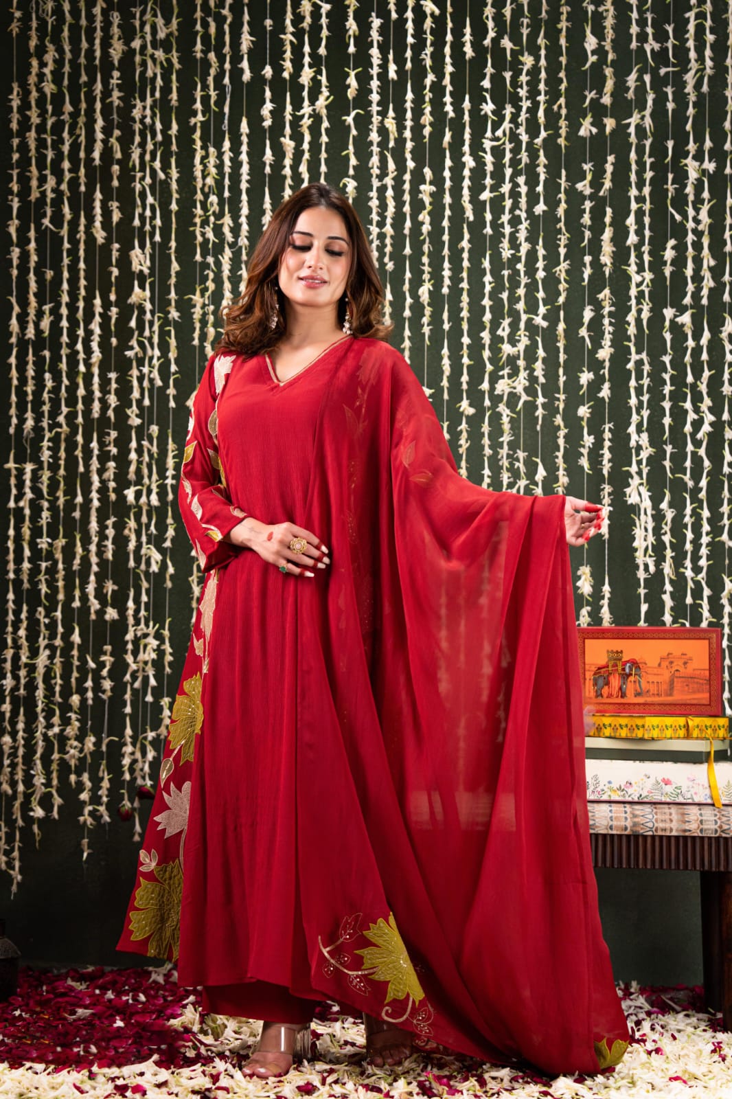 Coral red crush mul chanderi with full work three piece set (A920)
