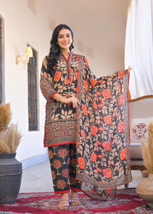 Pure crape farshi salwar with mul lining and chiffon dupatta three piece set (C210)