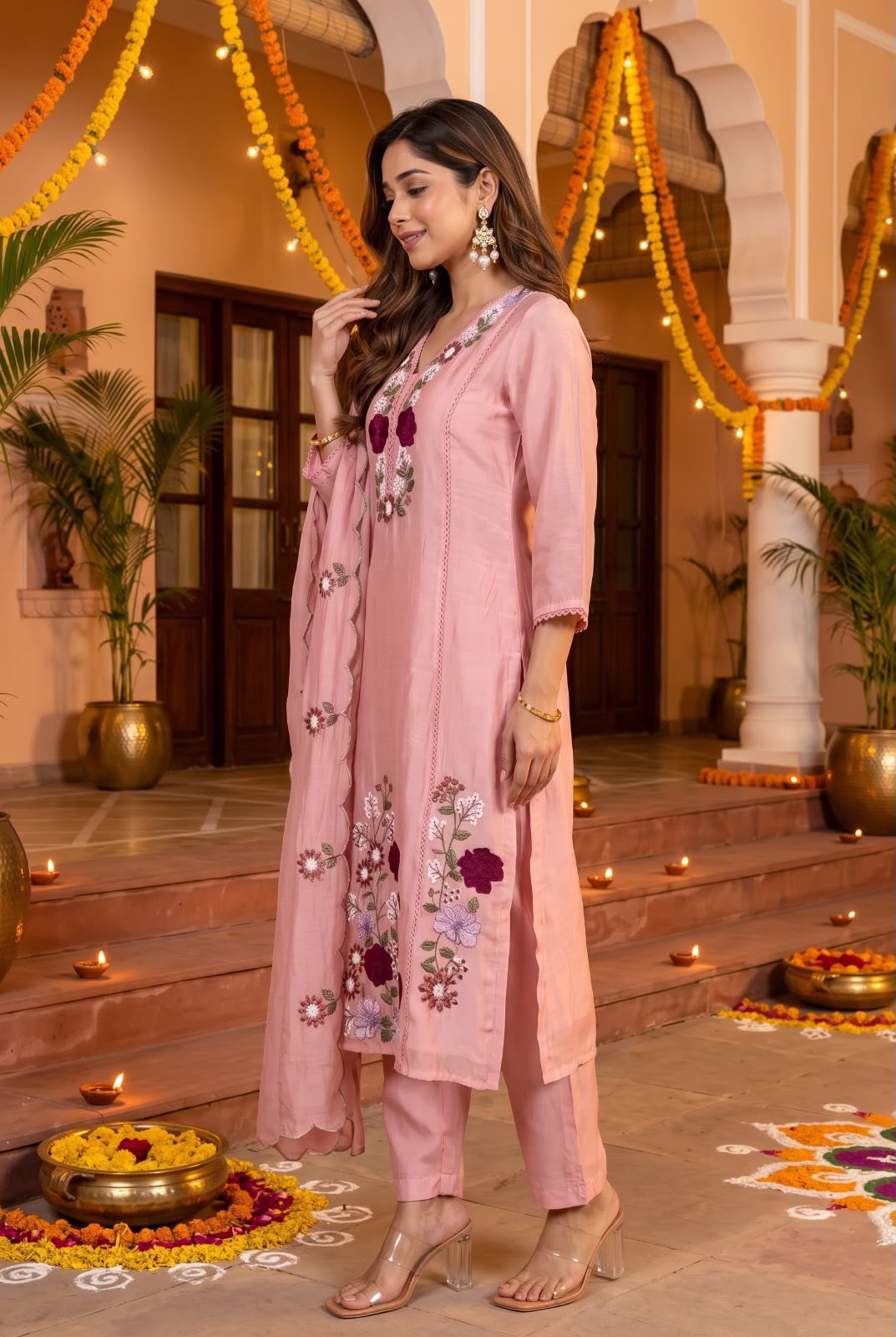 Pure mul chanderi with 3d flowers thread embroidery three piece set (S411)
