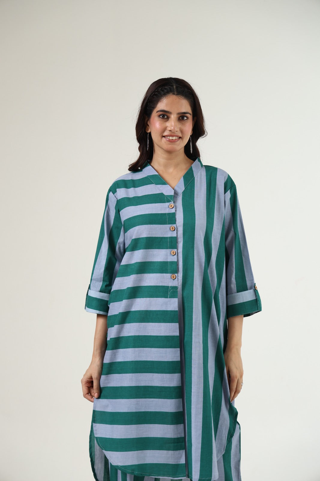 Light Blue with green pure cotton strips two piece cordset   (A527)