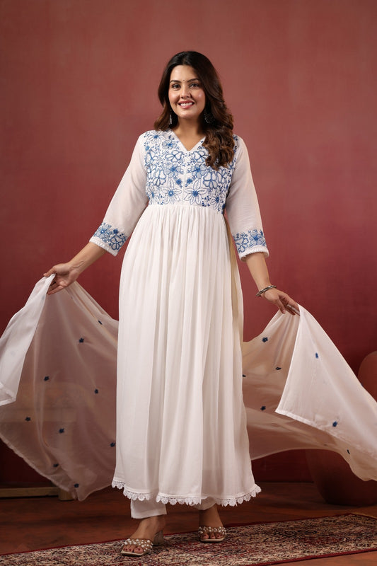 Milky white pure cotton with full lining and thread work flared three piece set (A1778)