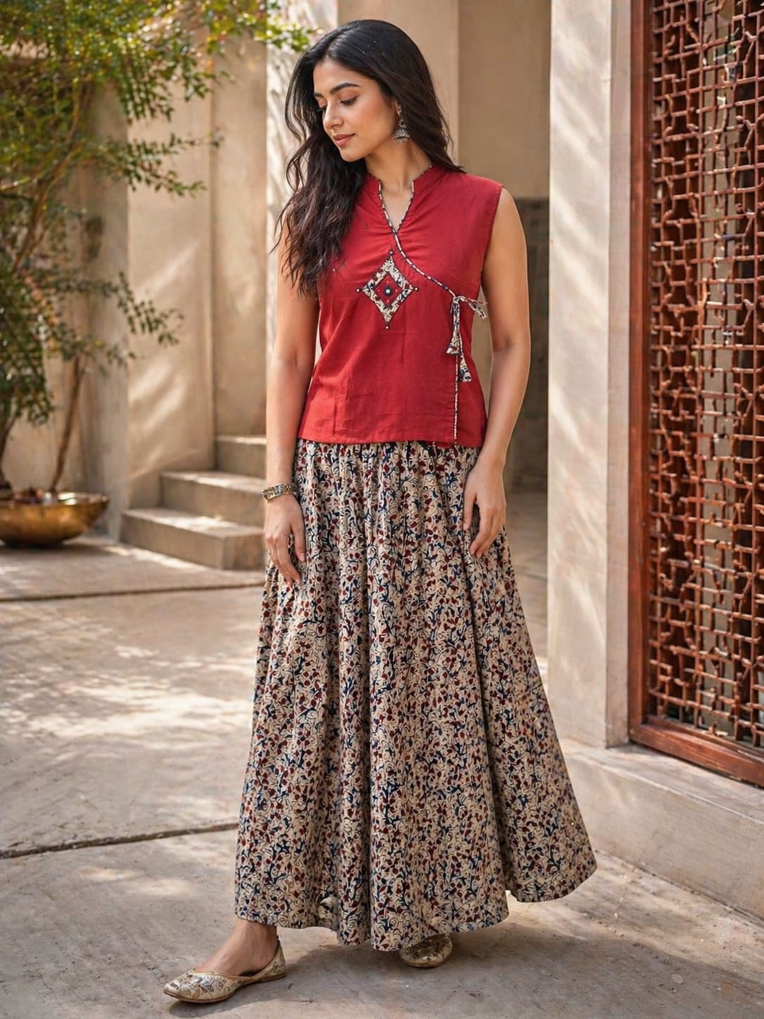 Pure cotton kalamkari top with flared skirt (B673)