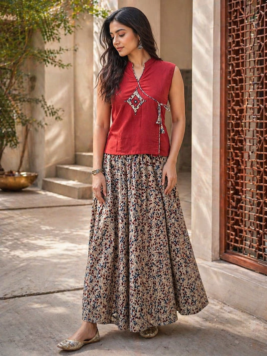 Pure cotton kalamkari top with flared skirt (B673)