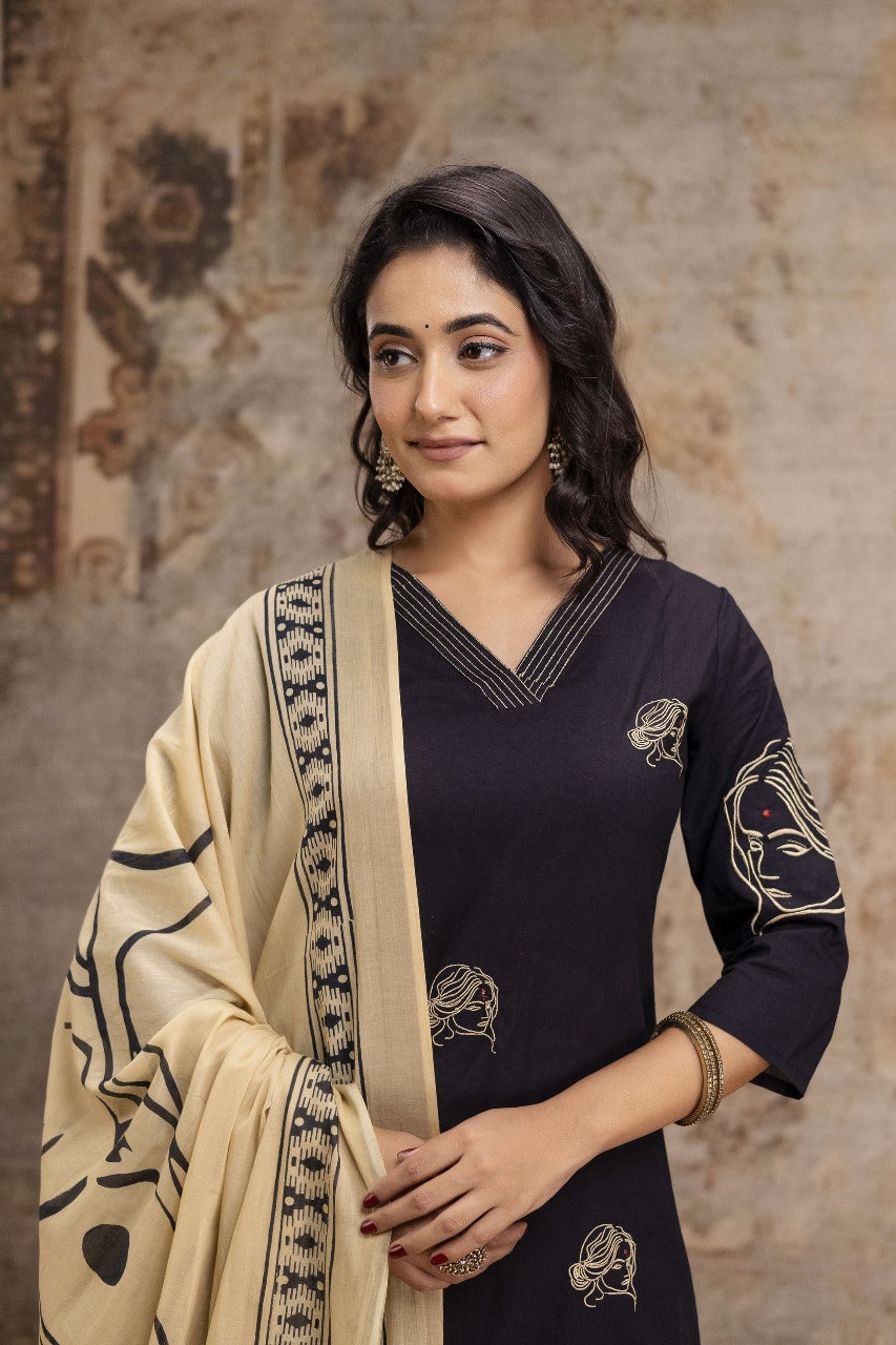 Pure cotton black colour with embroidery three piece set (A1263)