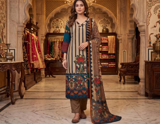 Pure crape digital print smart three piece set (S382)