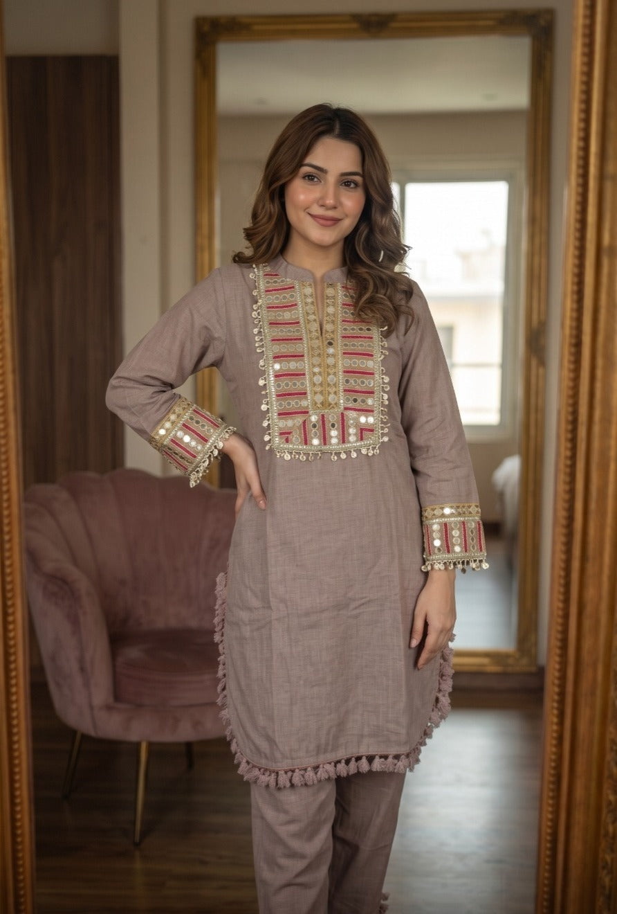 Smart linen with real mirror work two piece cordset (C396)