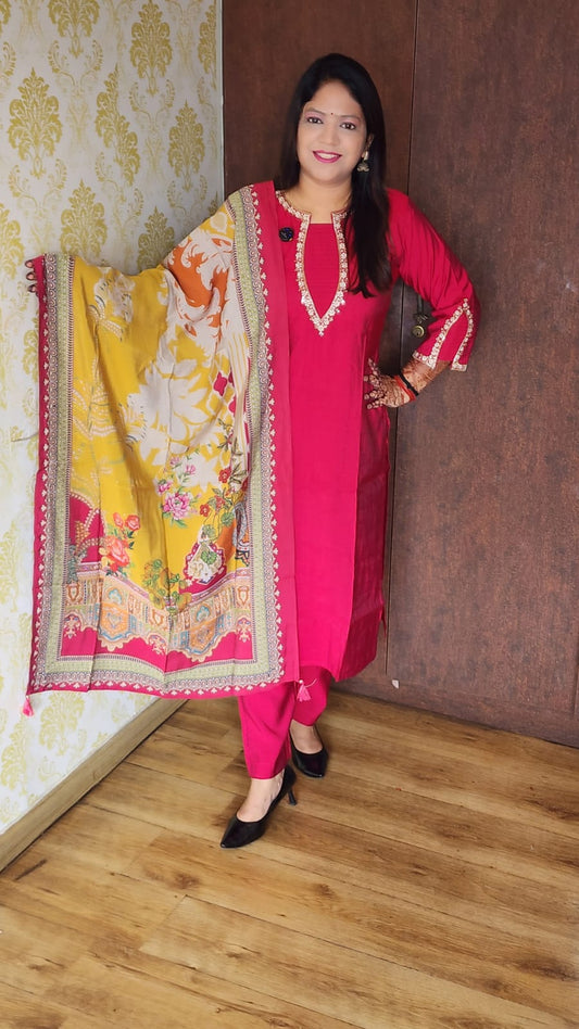 Megenta pure Muslin three piece set (A1091)