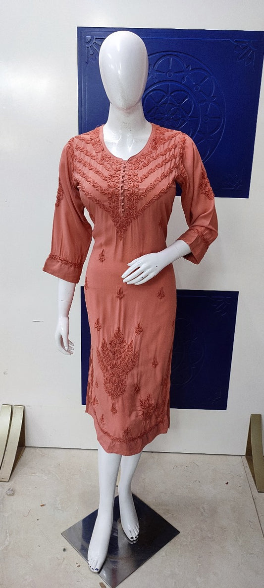 Peach cotton modal pure chikankari only kurti (P2231).