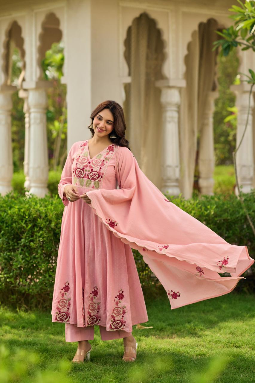 Dobby cotton A line Fully thread work three piece set (B854)