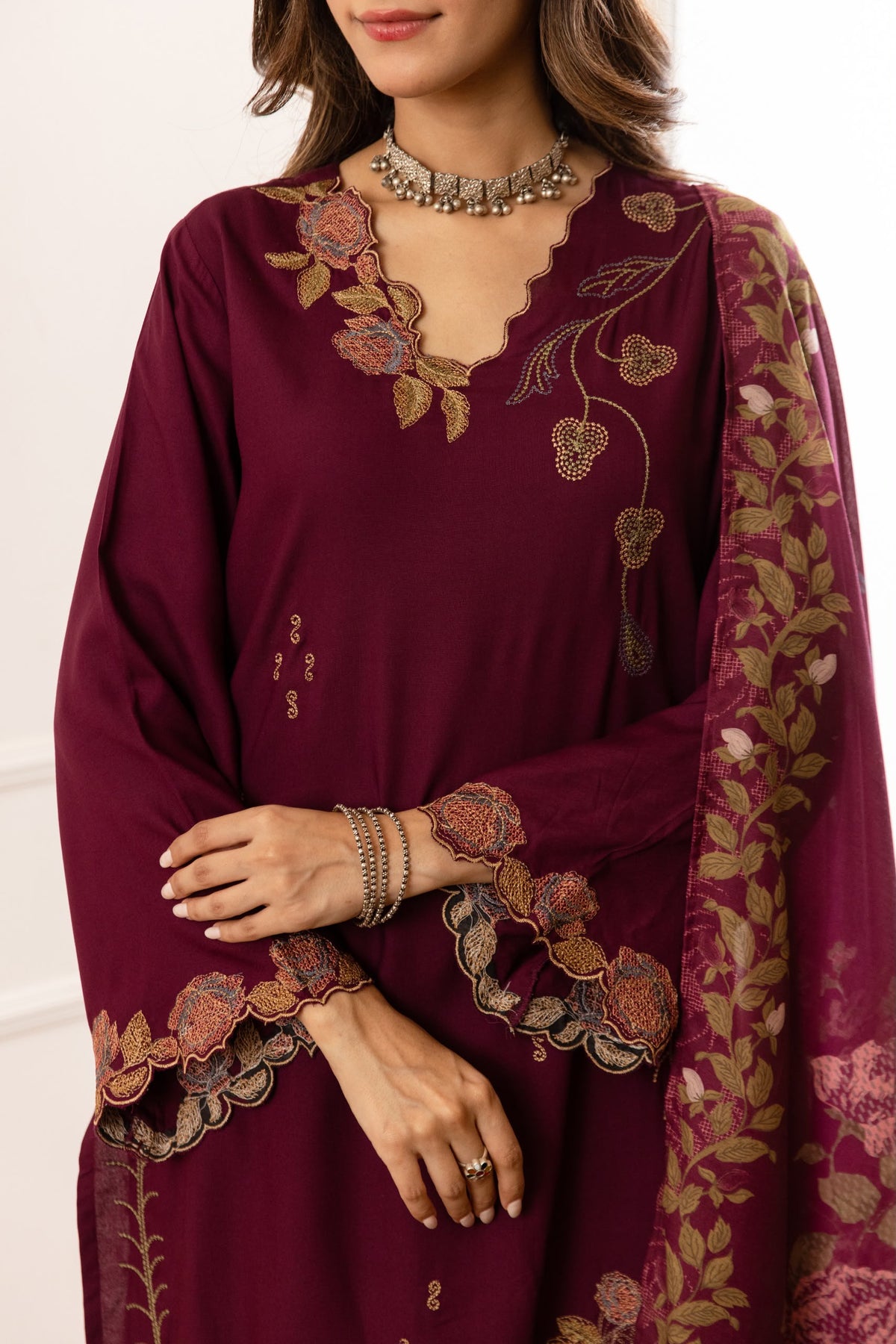 Cotton modal fully embroidered with printed dupatta three piece set (C800)