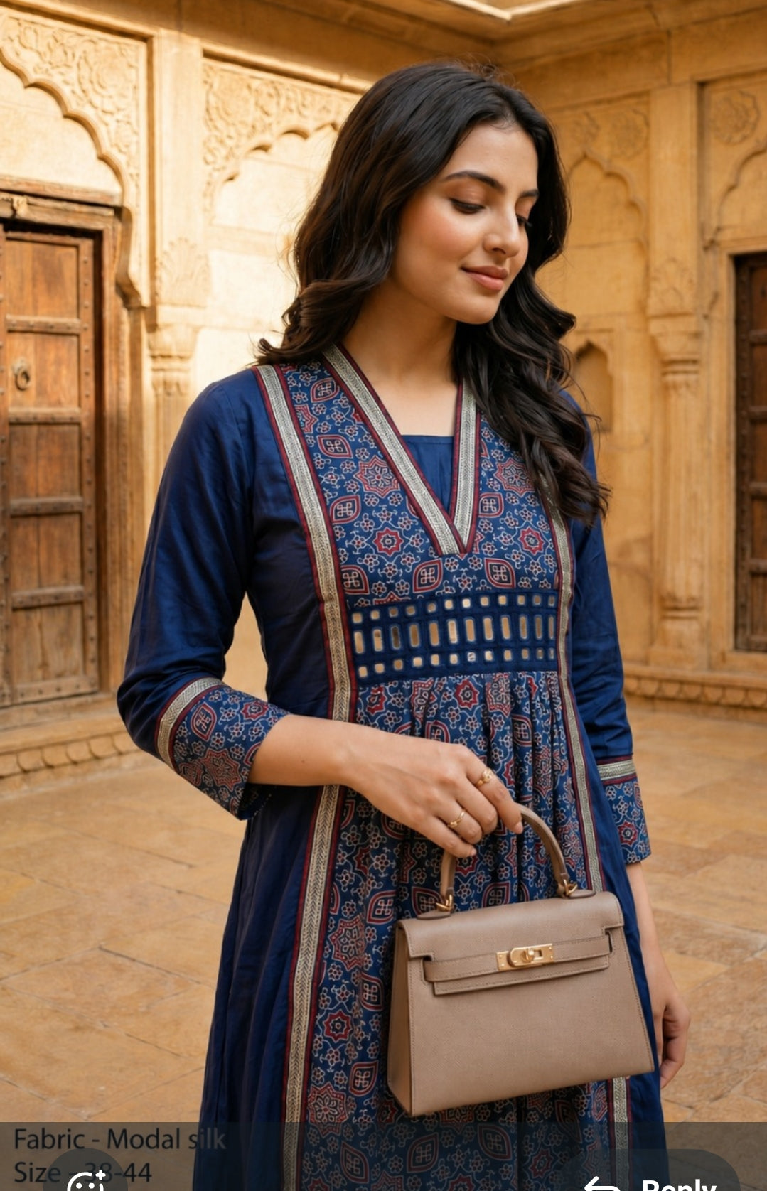 Blue pretty soft modal silk ajrakh real mirror dress with pockets (loose fit) (C160)