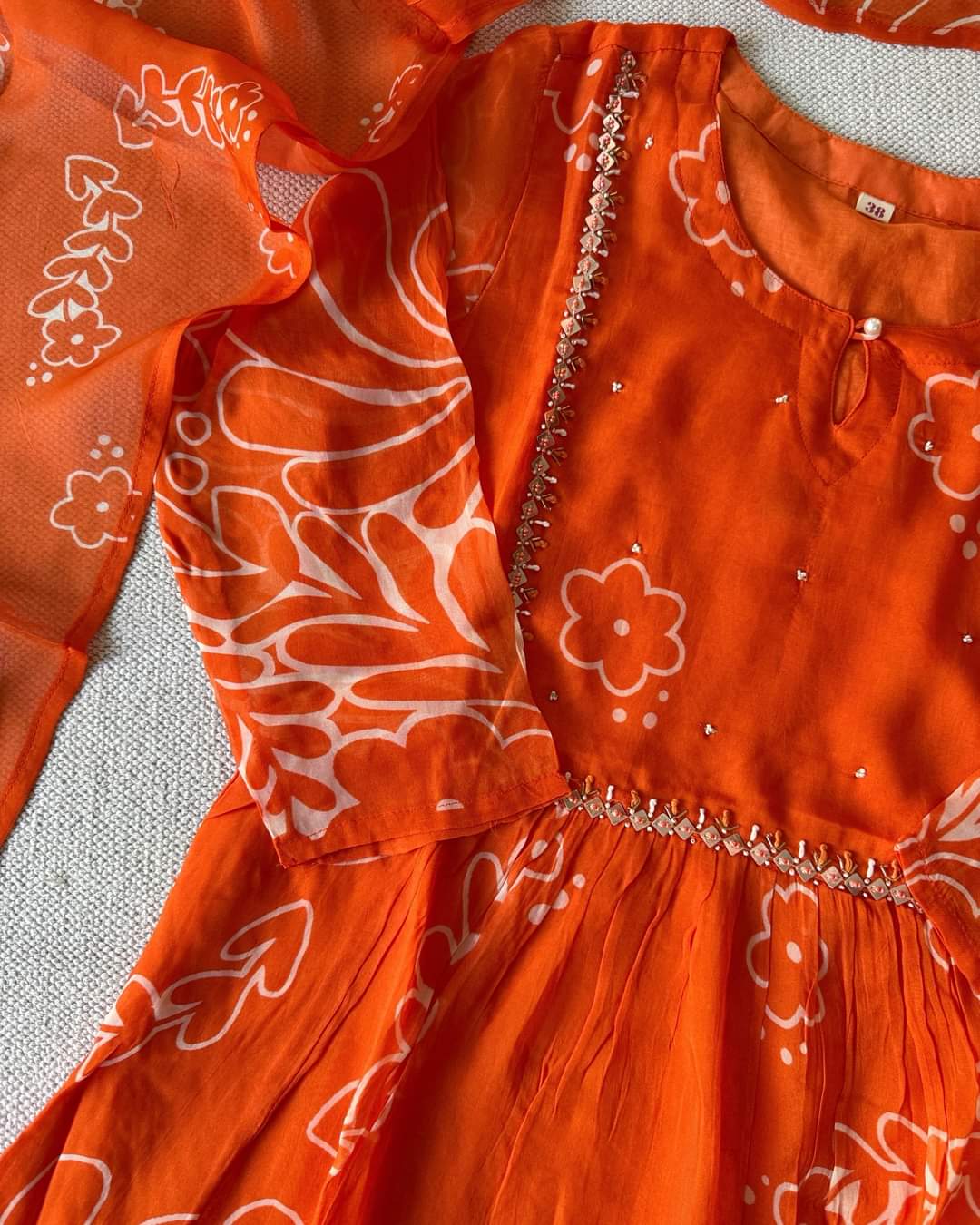 Orange pure organza A line with mul lining three piece set (T159)