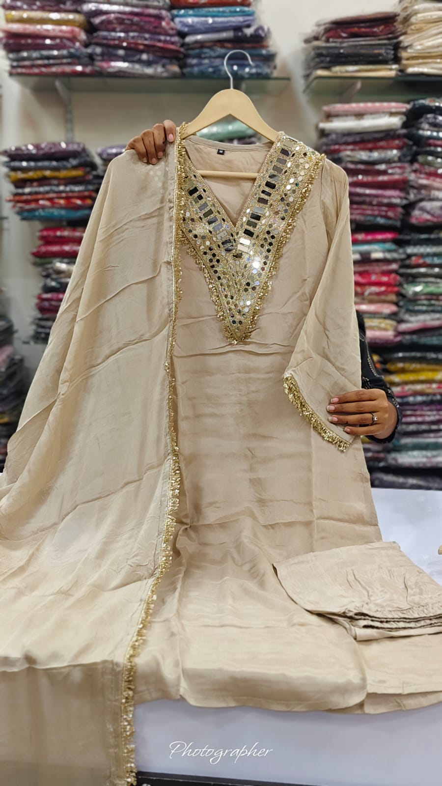 Pure chinnon with real mirror work three piece set (C327)