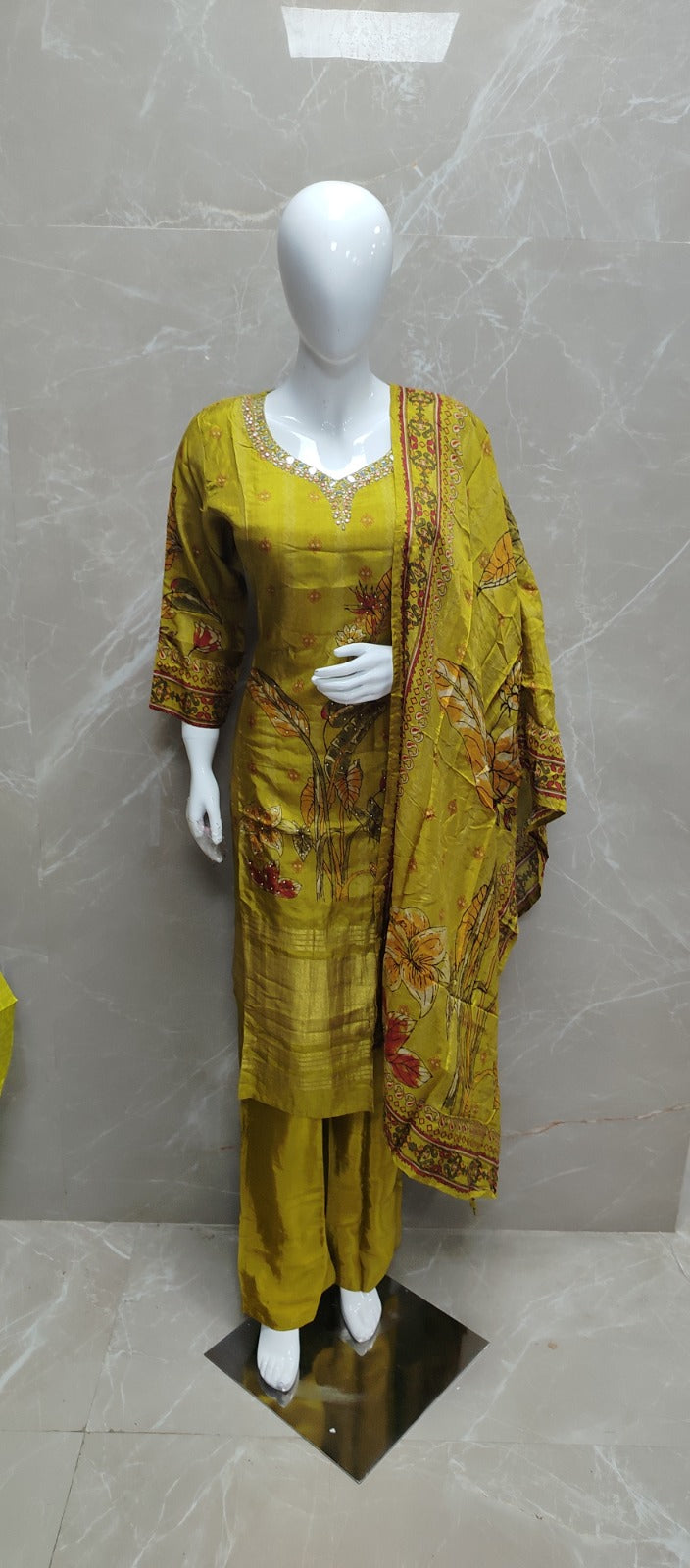 Russian silk mustard colour smart three piece set (S259)