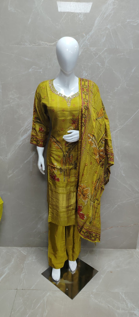 Russian silk mustard colour smart three piece set (S259)