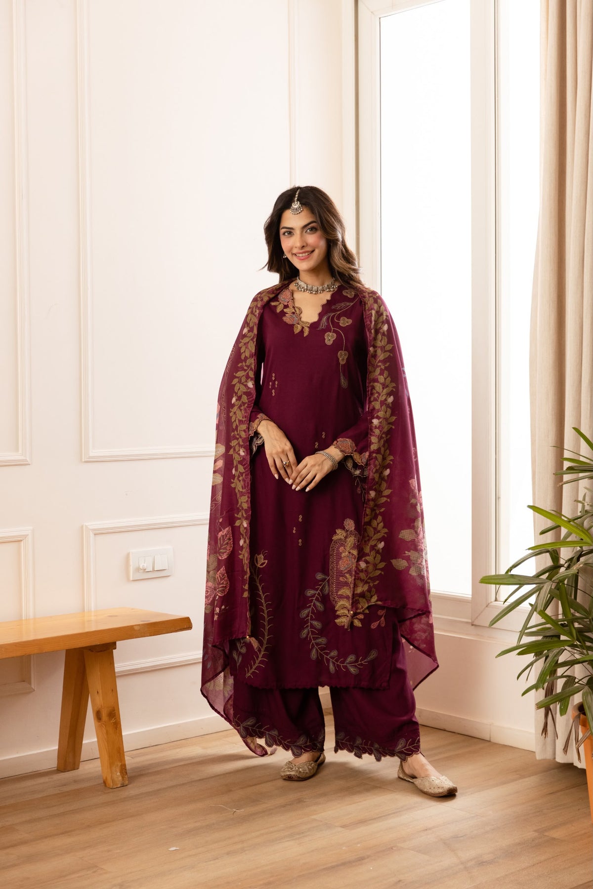 Cotton modal fully embroidered with printed dupatta three piece set (C800)