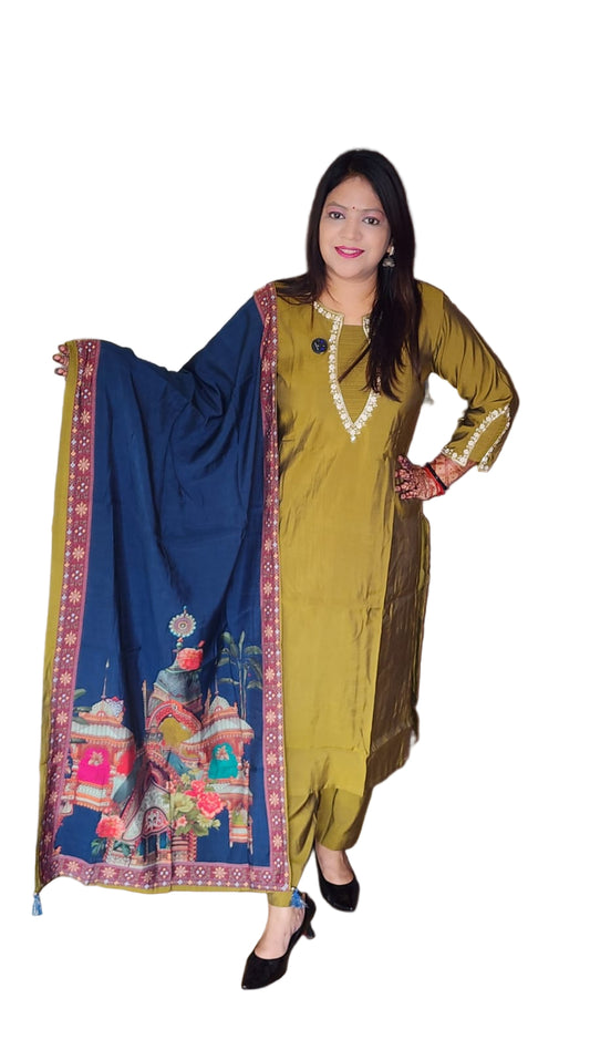 Olive green with blue pure Muslin three piece set (A1090)