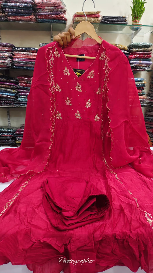 Rani pink mul chanderi three piece set (A758)