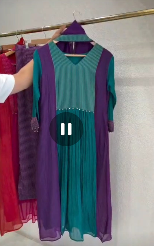 Pure mul chanderi with strips smart three piece set (S126)
