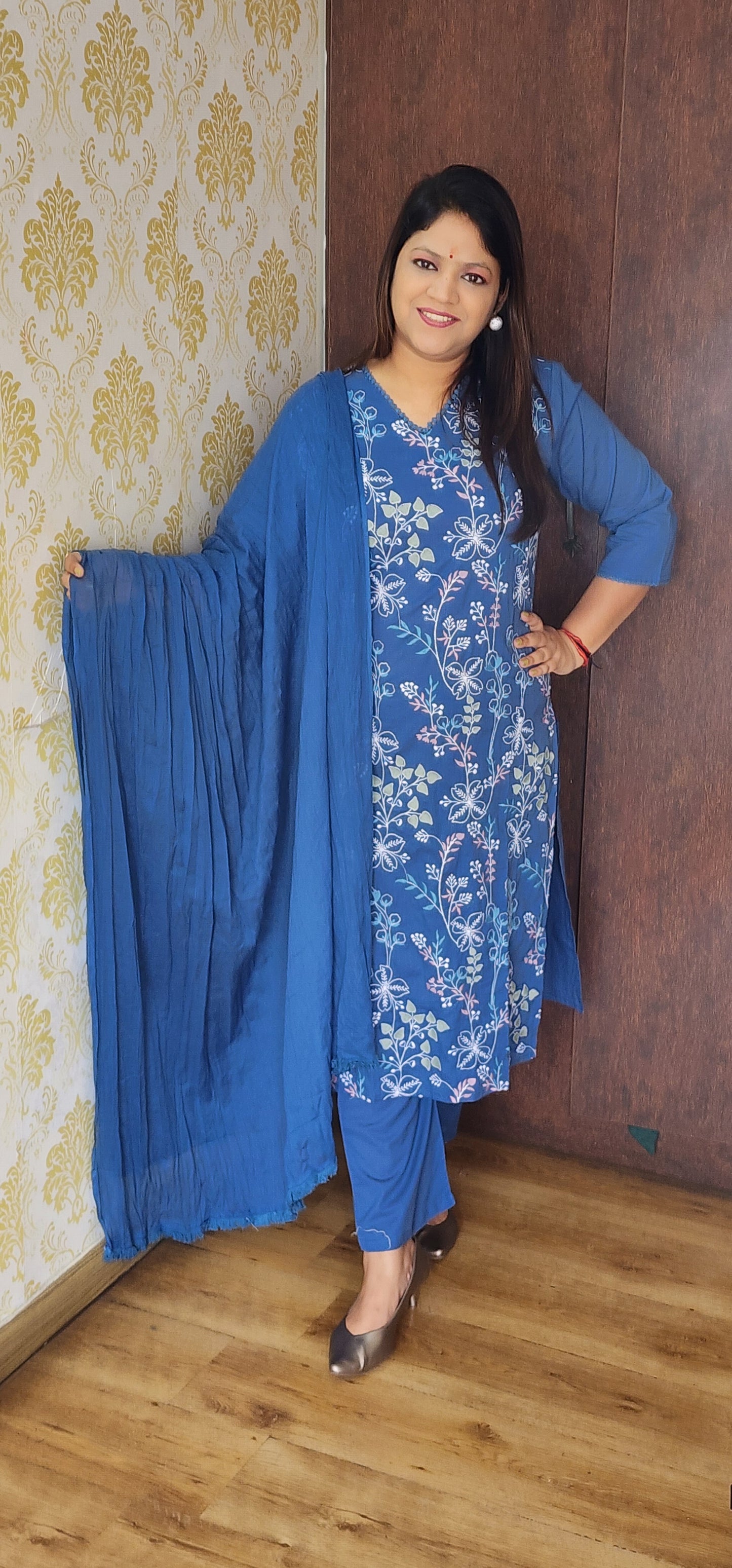 Blue pure cotton straight suit (P815)