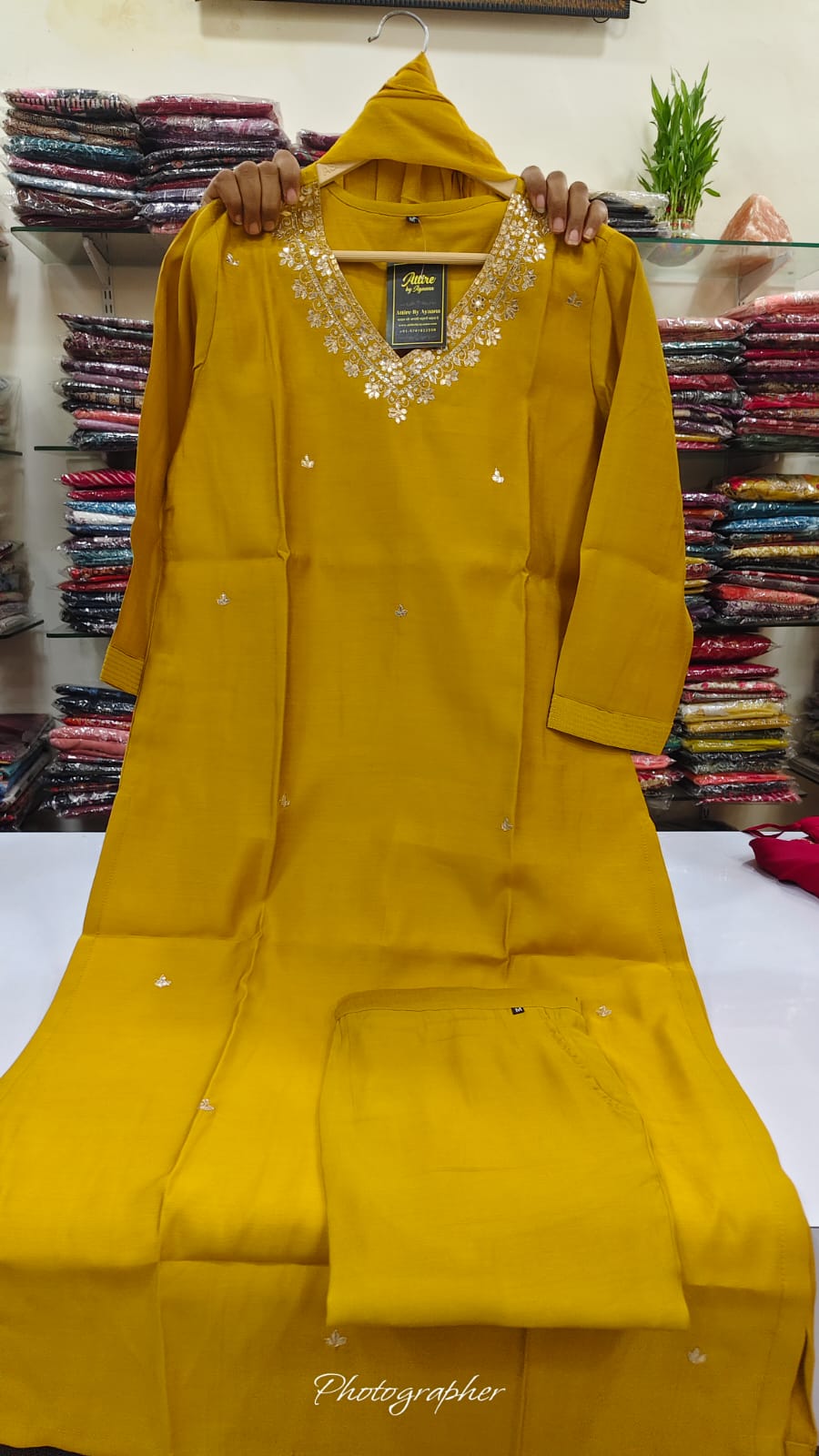 Yellow pure Muslin with lining three piece set (A1142)