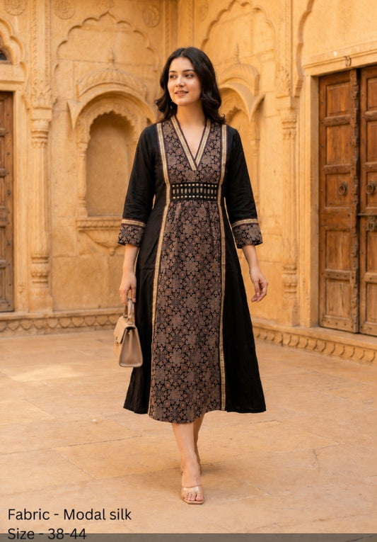 Black pretty soft modal silk ajrakh real mirror dress with pockets (loose fit) (C162)