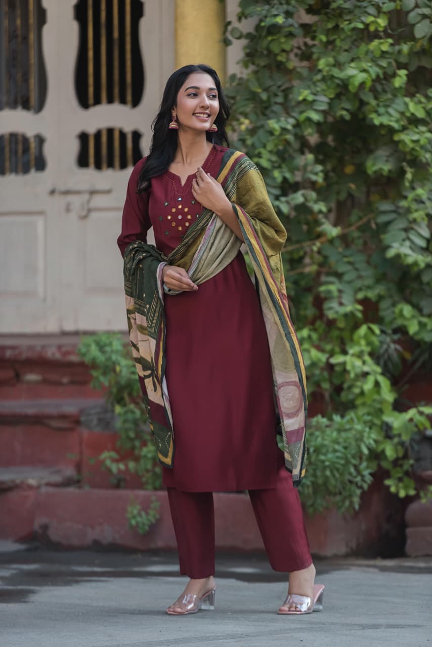 Pure muslin with real mirror work designer silk dupatta three piece set (A1270)