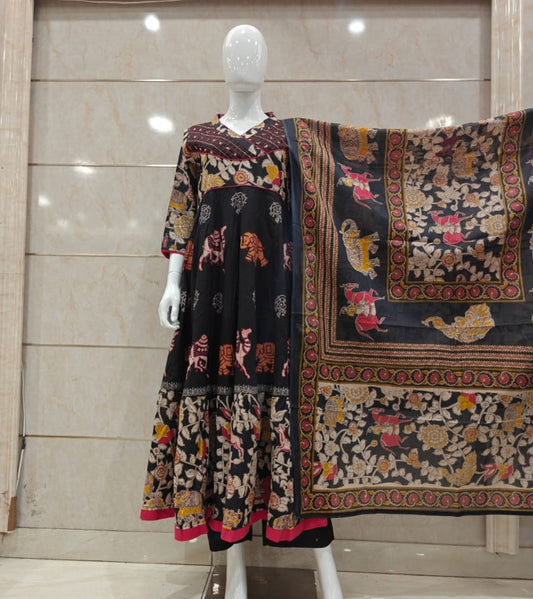 Black Angrakha pattern pure cotton three piece set (B303)