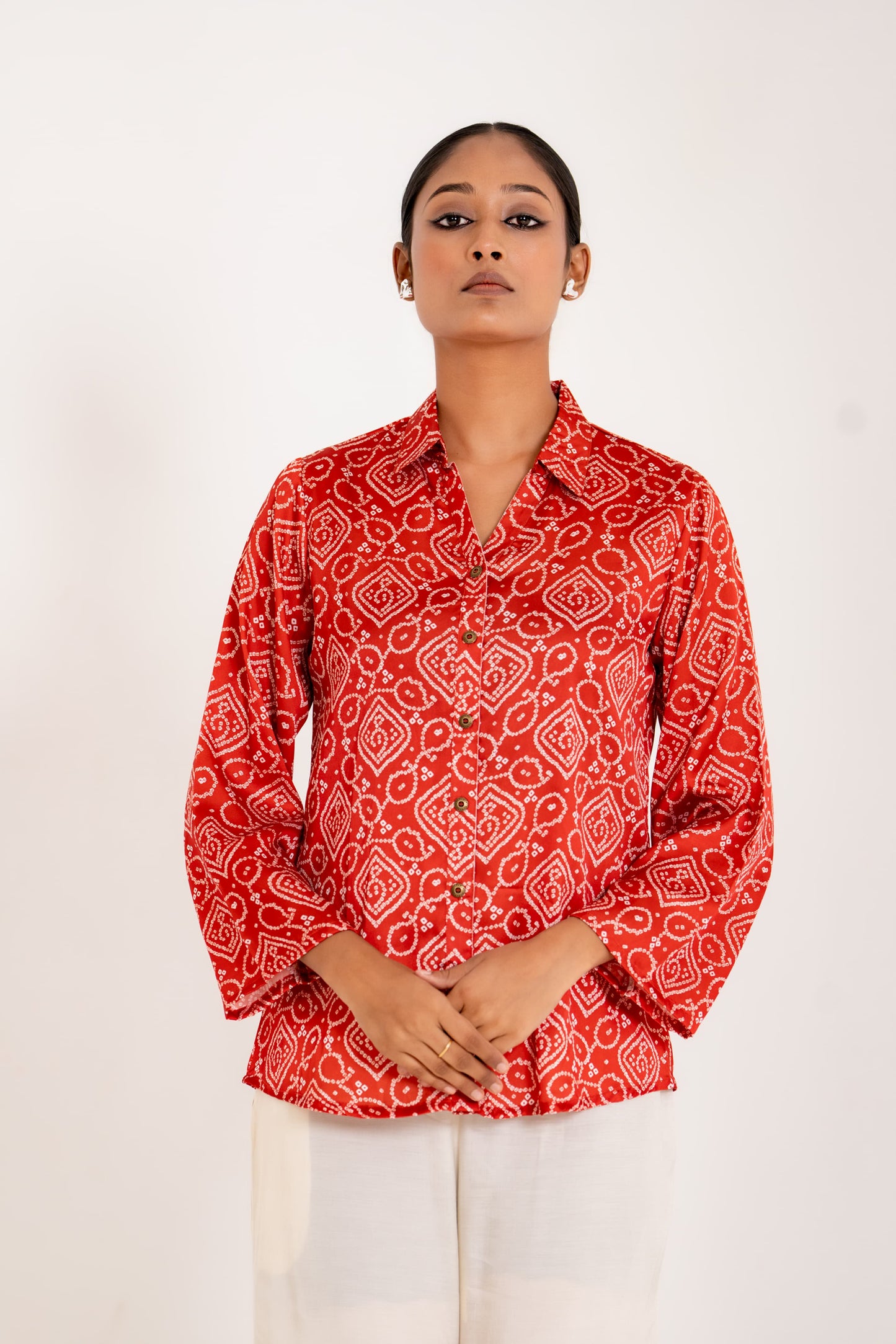 Dark orange bandani pure crape silk shirt (A677)
