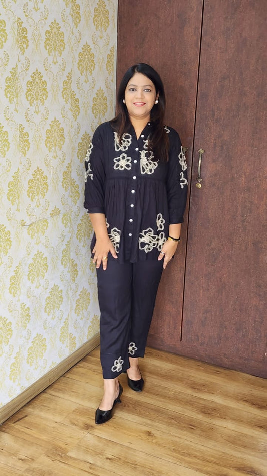 Black pure cotton fully thread work two piece cordset (A291)