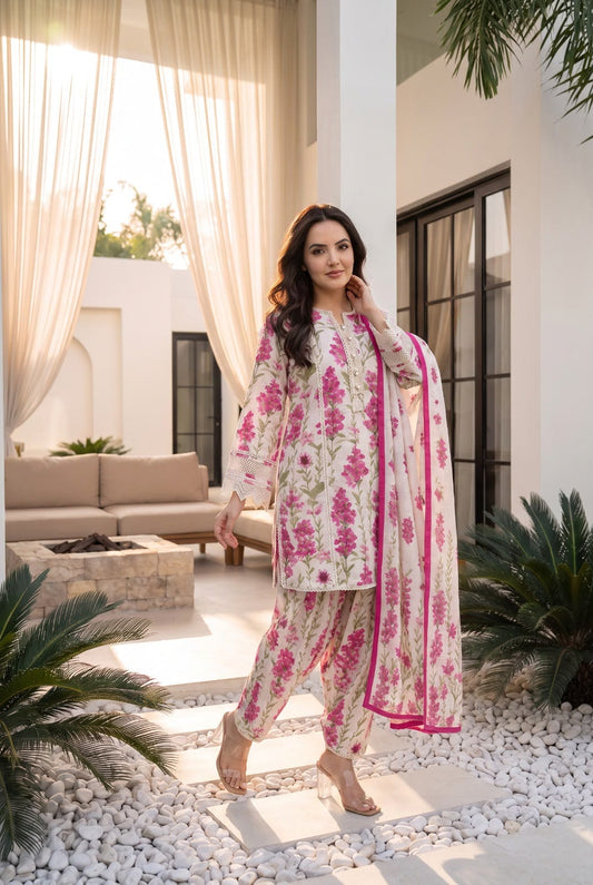 Stylish cotton with farshi salwar three piece set (C460)