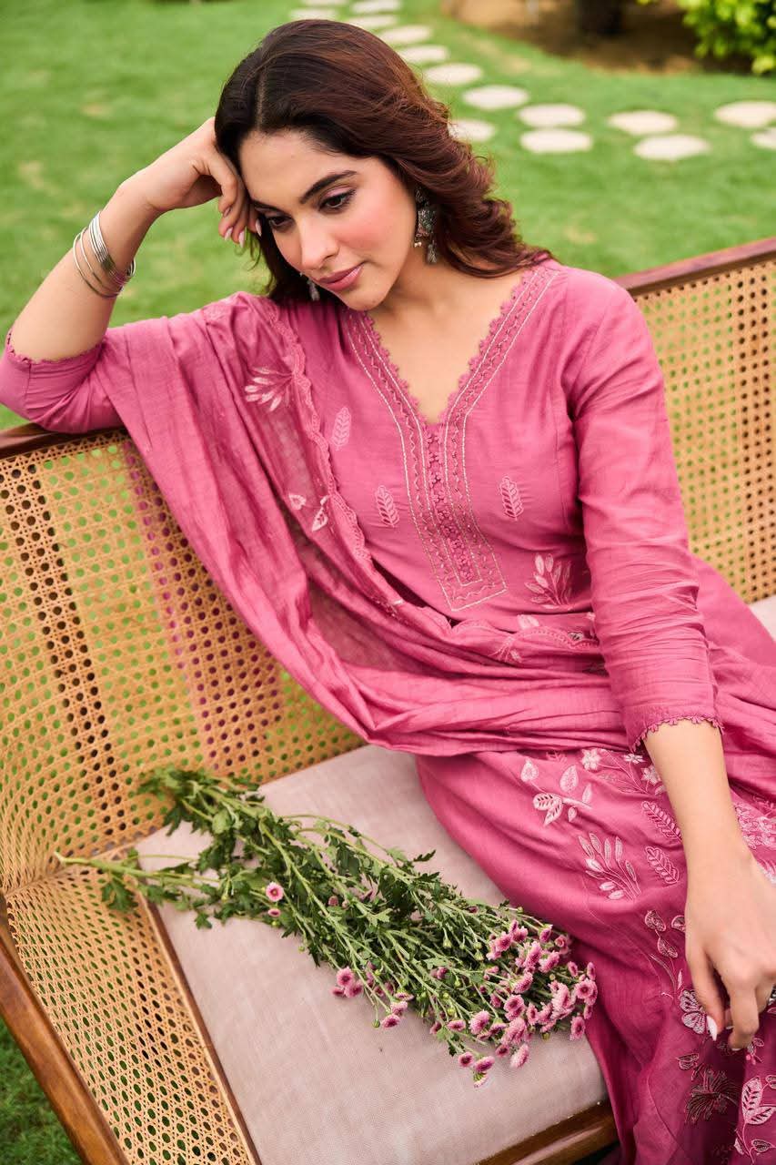 Pink pure mul chanderi fully thread work three piece set (A672)
