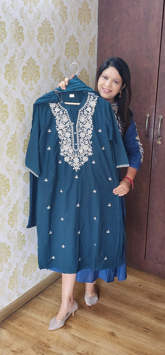 Peacock blue handloom cotton with chikankari embroidery three piece set (P1223)