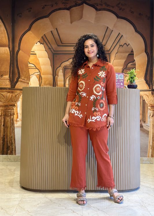 Rust full thread work handloom cotton two piece cordset(A674)