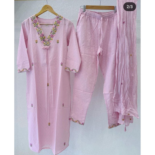 Baby pink dobbi cotton with full thread work on neck line three piece set (R345)