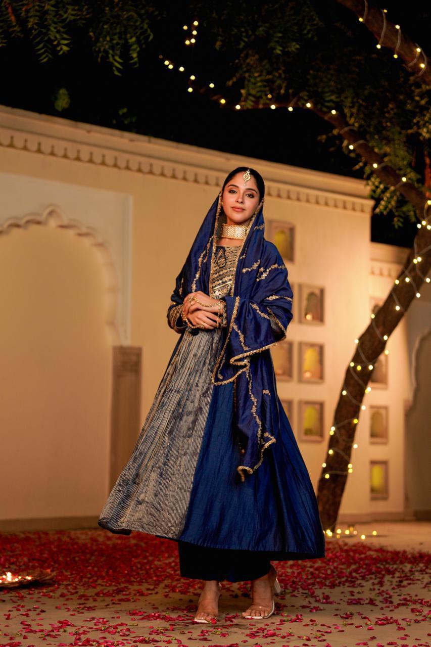 Blue pure mul chanderi with tissue designer three piece set (A1292)