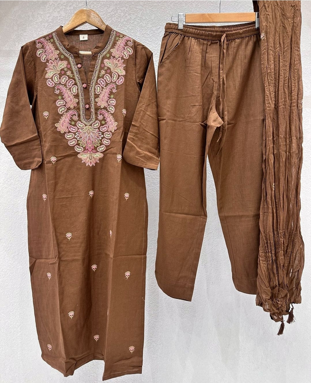 Handloom cotton dark brown full jamdani work on neckline three piece set (P465)