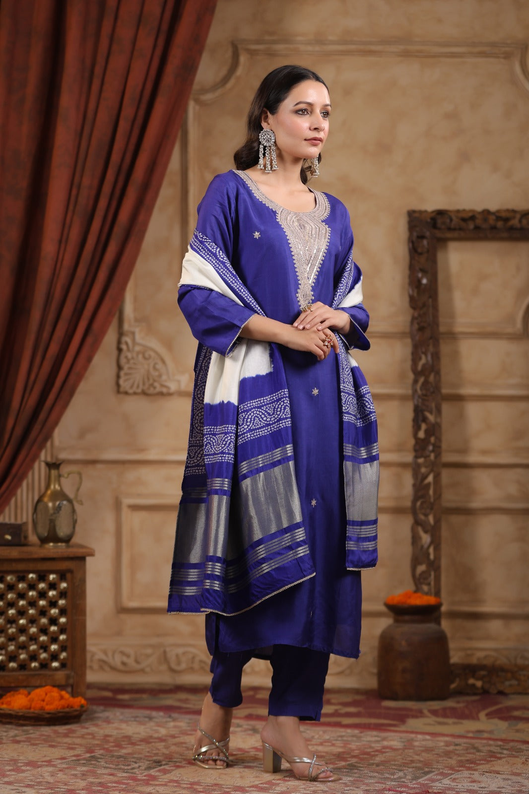 Purple pure silk withheavy work on neck line and bandani  dupatta (P1304)