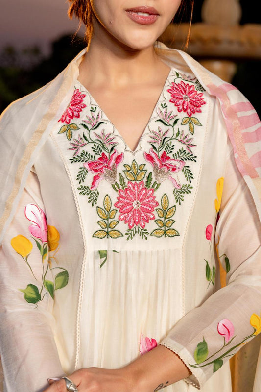 White pure mul chanderi with full thread embroidery on neck line designer three piece set (P1896)