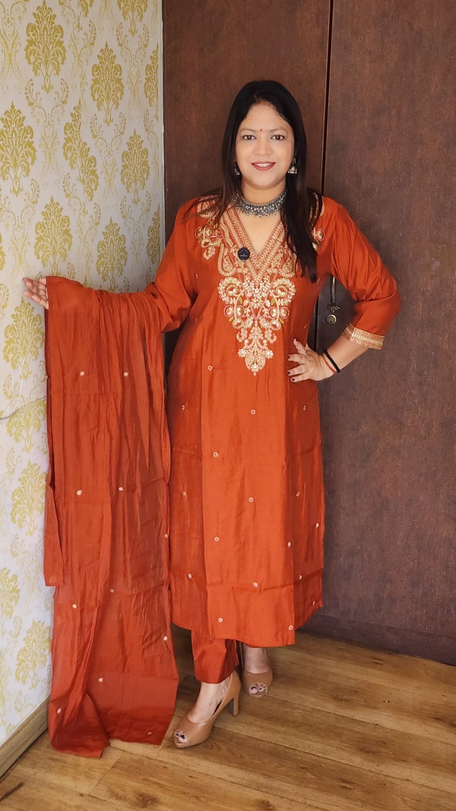 Rust muslin with lining three piece set (A1029)