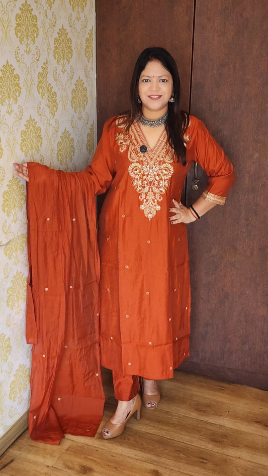Rust muslin with lining three piece set (A1029)