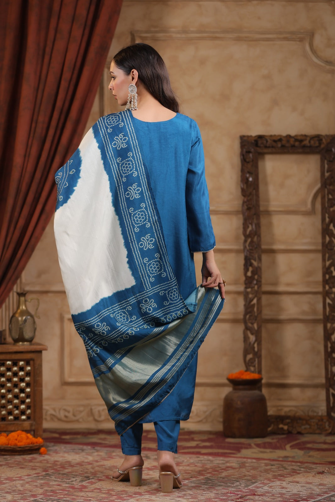 Blue pure silk withheavy work on neck line and bandani  dupatta (P1305)