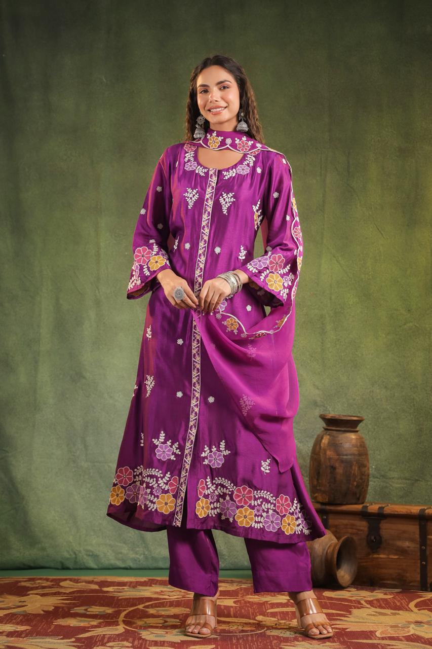 Purple pure dola silk with cotton lining three piece set (P858)