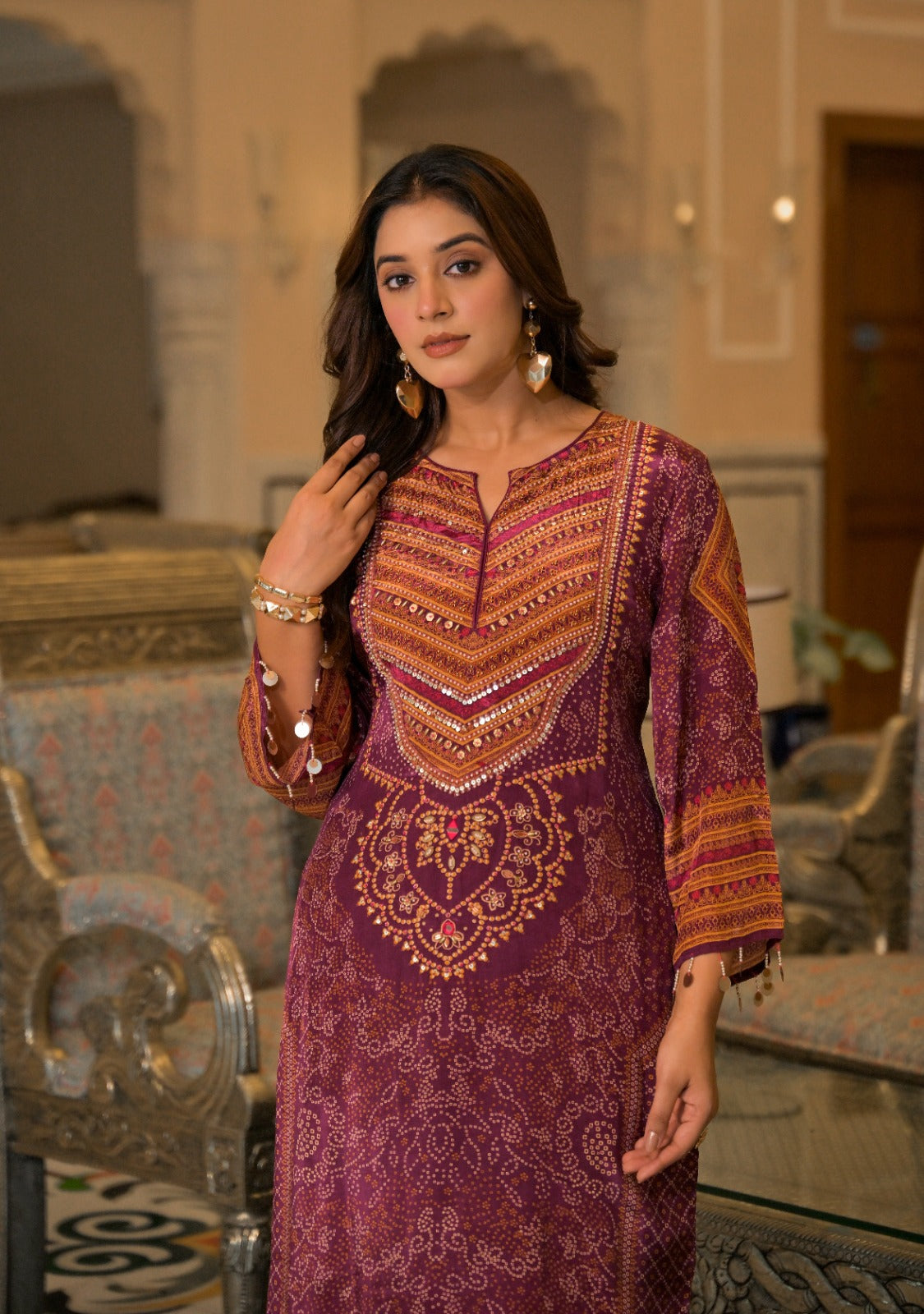 Natural crape with lining pakistani pattern two piece cordset length 54 inch (S305)