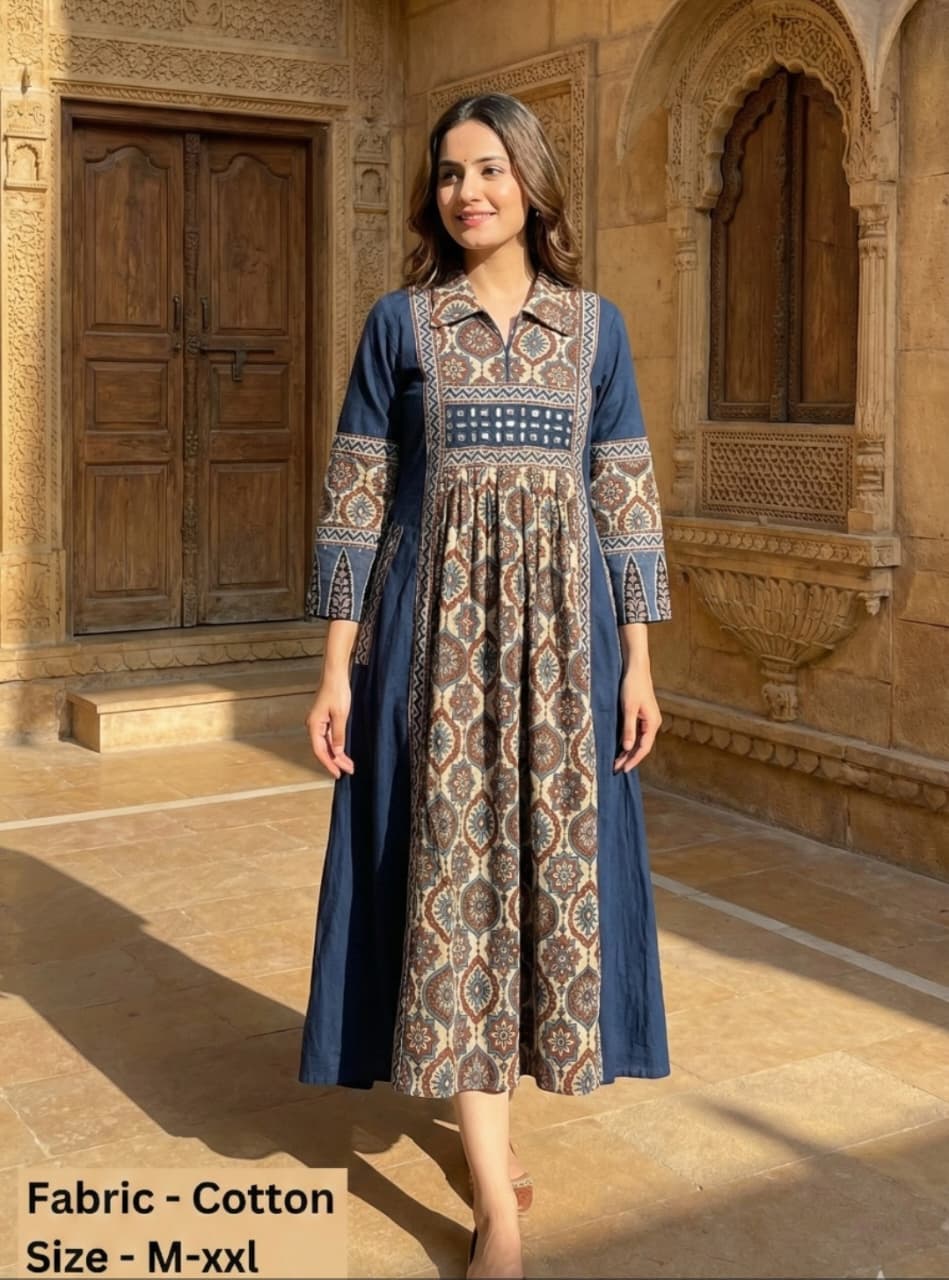 Handloom cotton A line with real mirror smart one piece dress (B703)