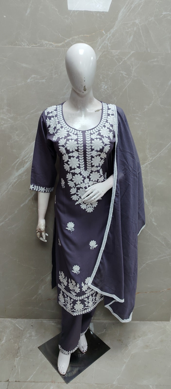 Purple colour chikankari pure cotton three piece set (B362)